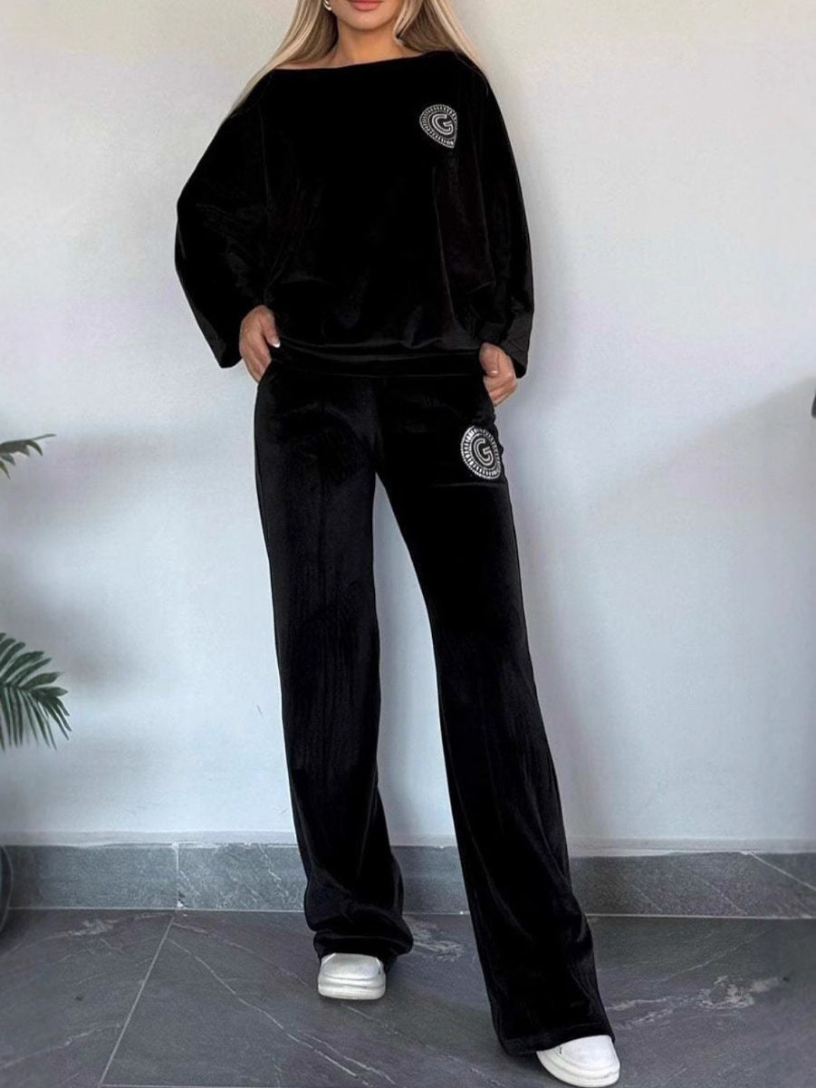 Women's Spring And Autumn Solid Color Velvet Round Neck Bat Sleeves Casual Two-Piece Pants Sets 3