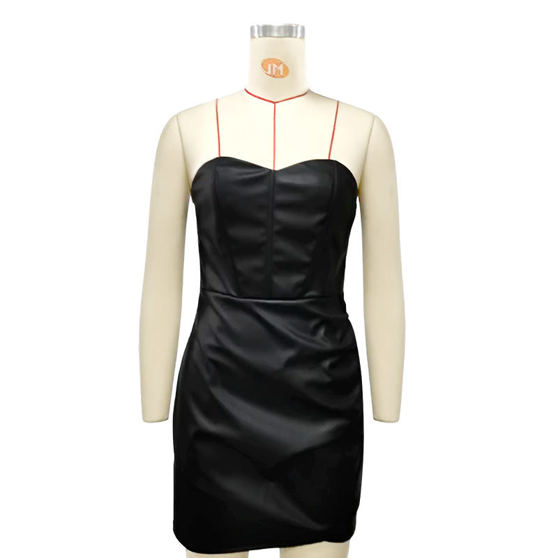 Women Strapless Sexy Bodycon Pu-Leather Dress 14