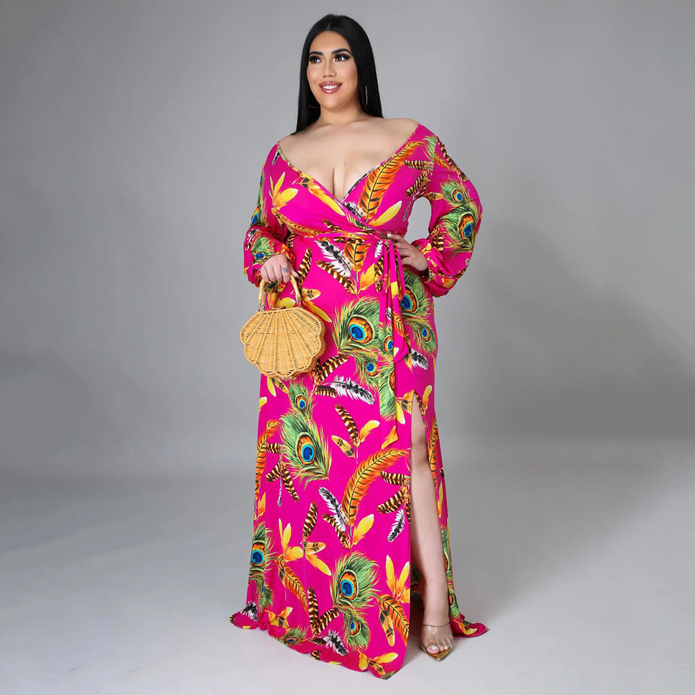 Plus Size Women Feather Print Sexy Slit Dress 4