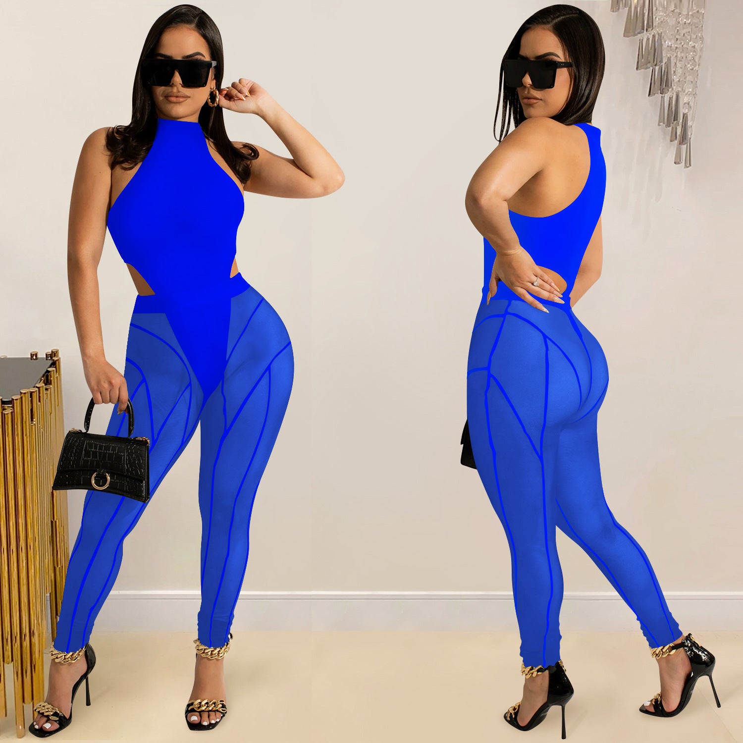 Women sexy Mesh See-Through Top and trousers Two Piece Set 7