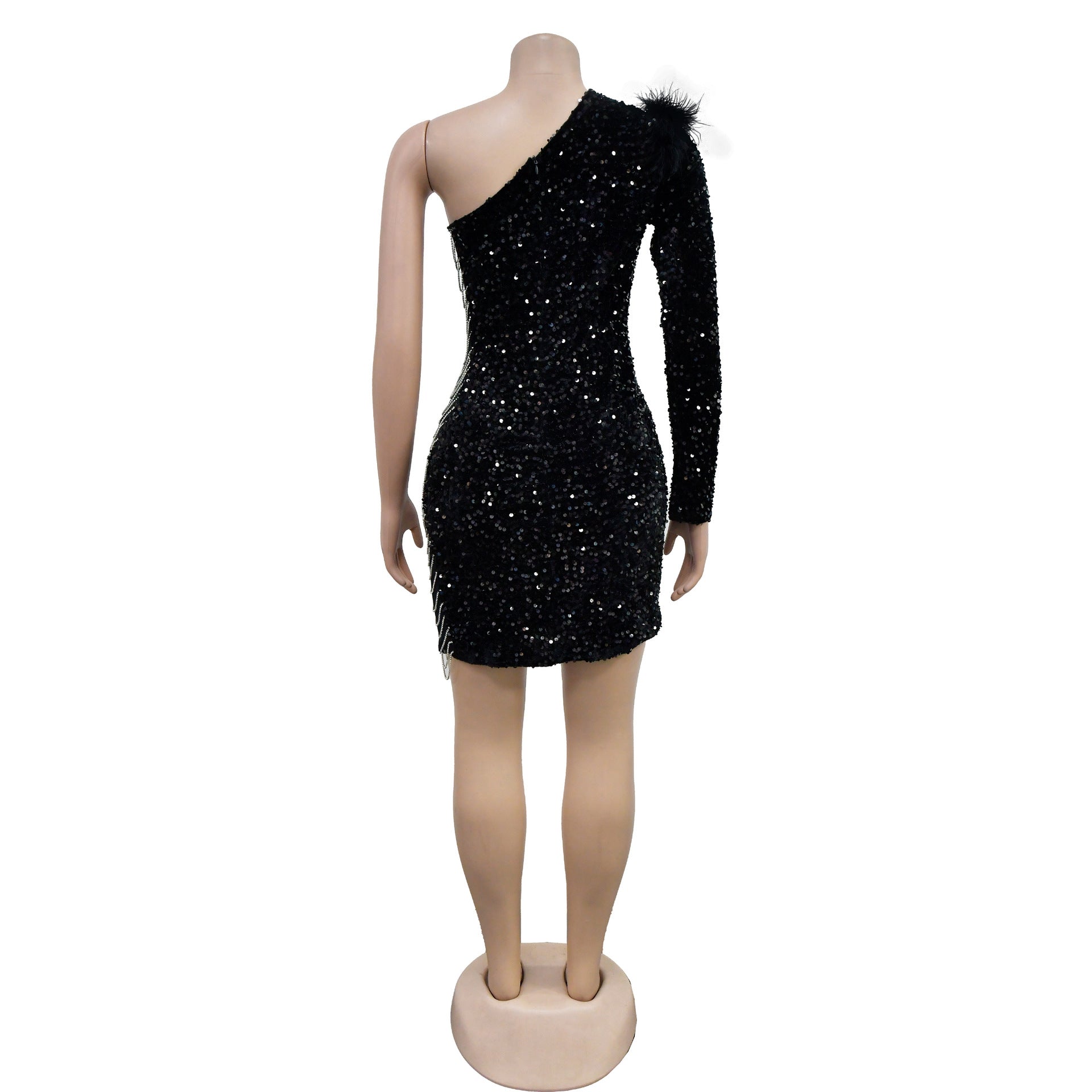 Fashion Women's Sexy One Shoulder Sequin Slit Bodycon Dress 14