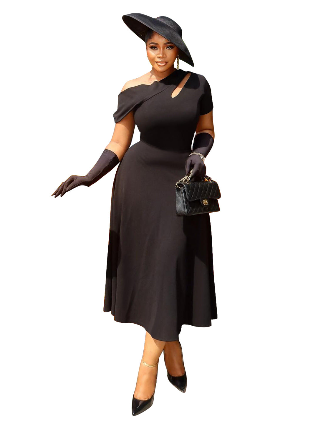 Summer Fashion Women's Slash Shoulder Cut-Out Solid Slim Waist Long Dress 9