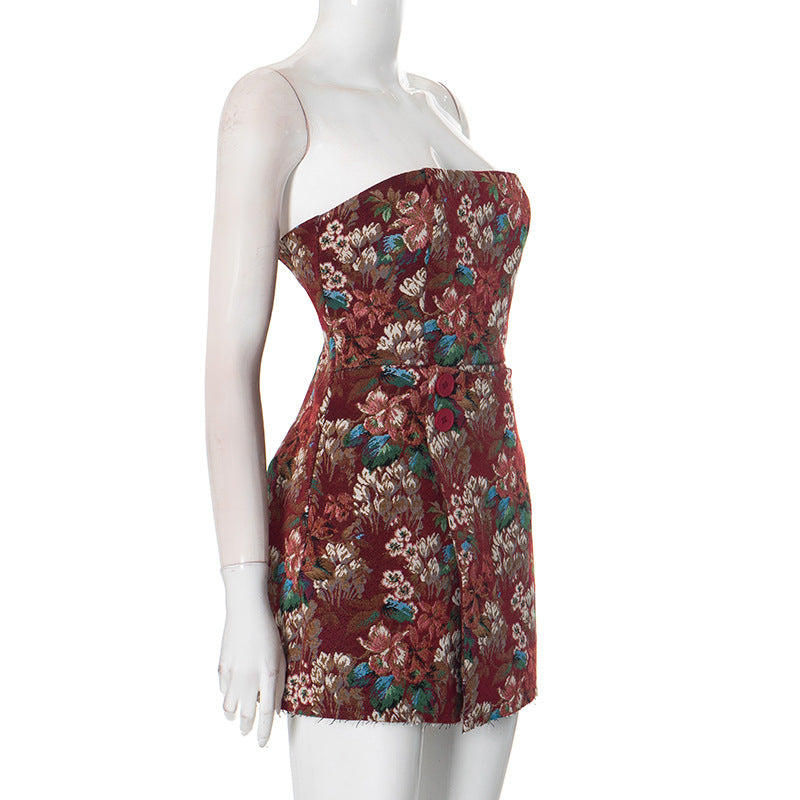Women Sleeveless Strapless Flower Button Dress 9