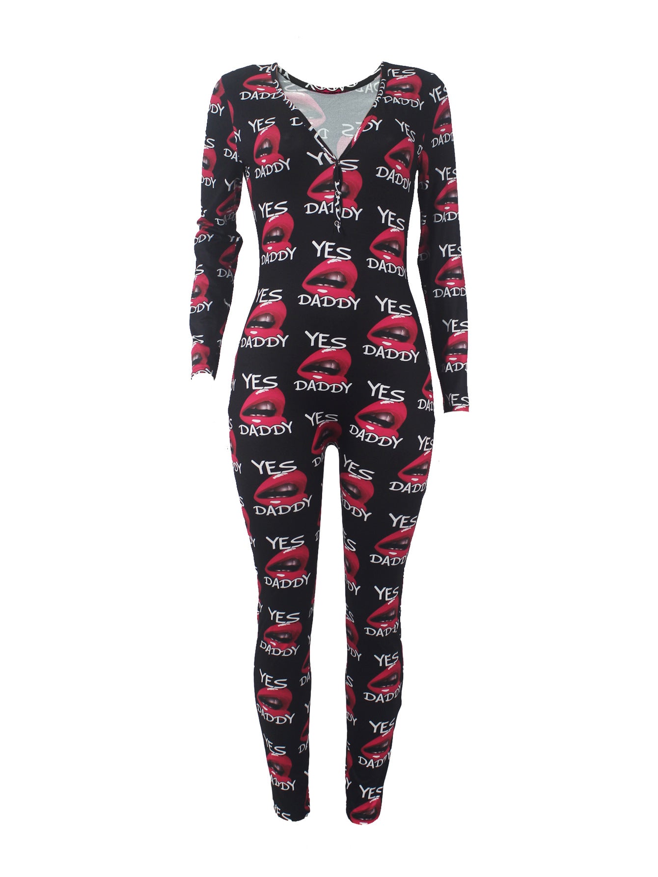 Women's Sexy Fashion Pattern Print Deep V-Neck Long Sleeve Tight Slim Jumpsuit 31