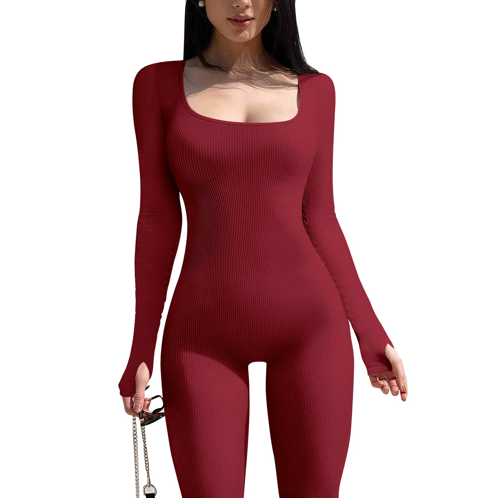 Women's Solid Color Long Sleeve Ribbed Square Neck Low Back Slim Fit Jumpsuit 11