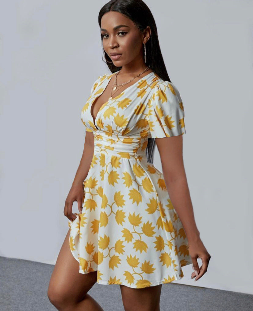 Deep V Neck Slim Waist Pleated Dress 4