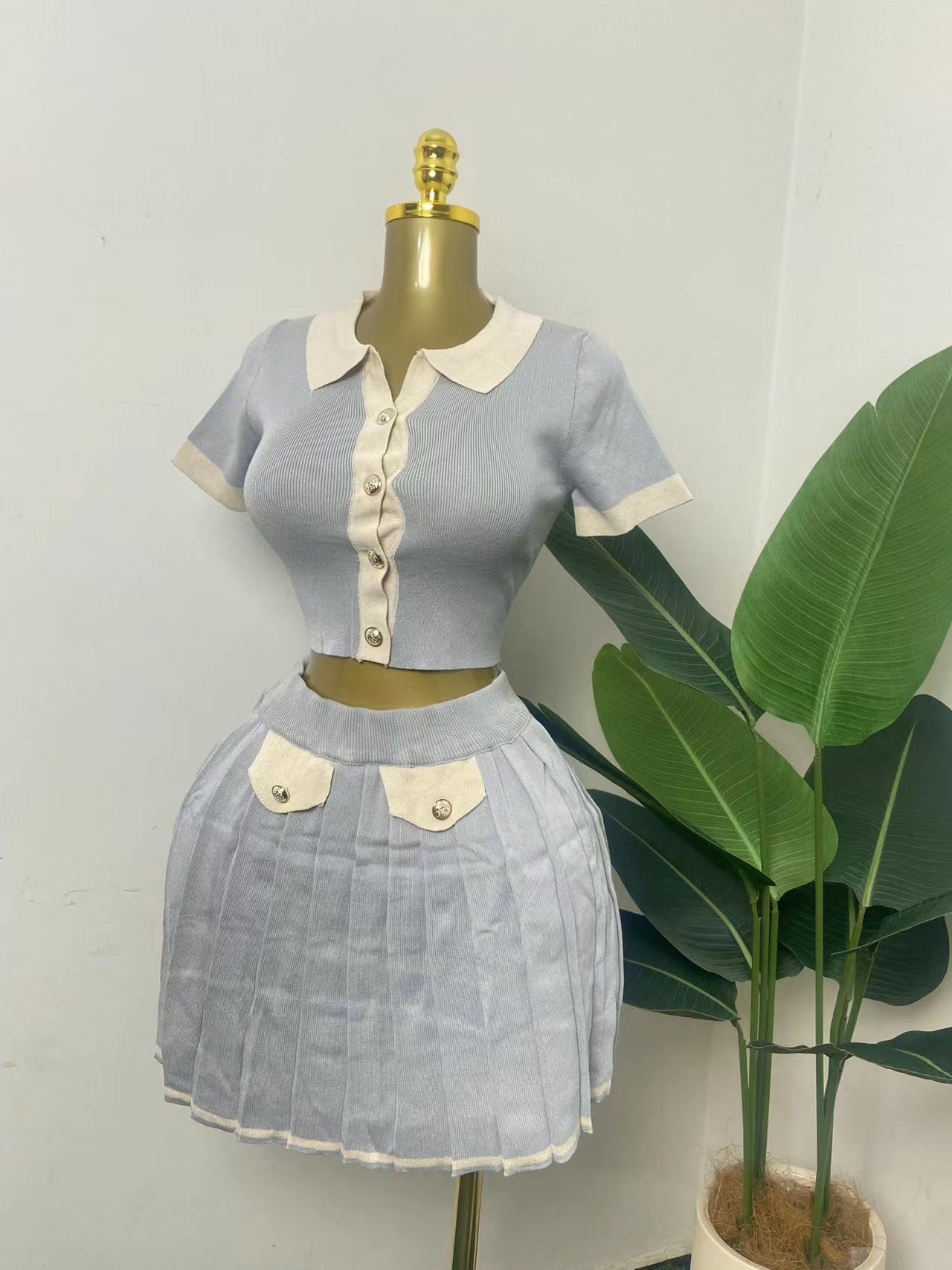 Women trendy knitting short-sleeved contrasting Top and Skirt two-piece set