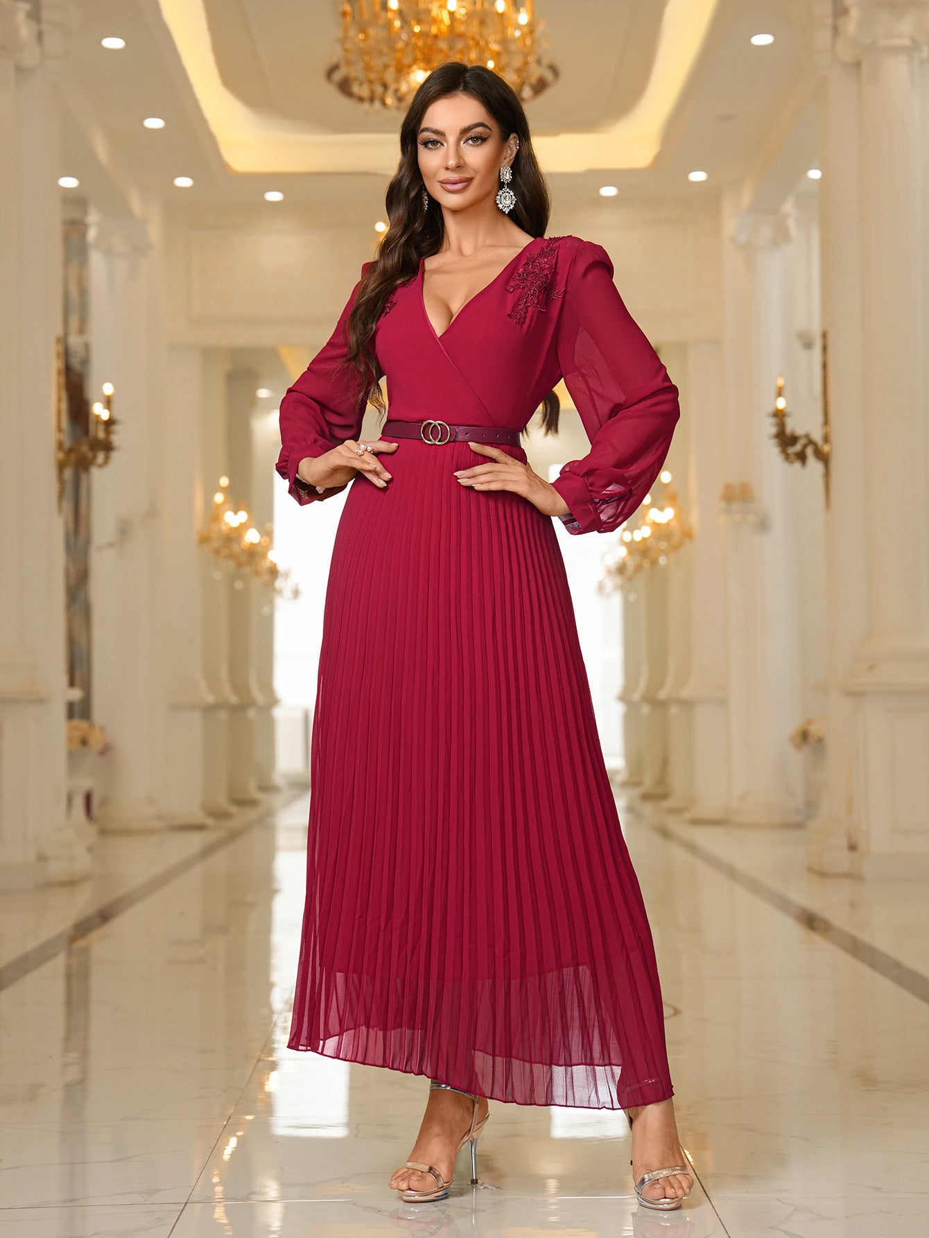 Autumn Winter Sexy Long Sleeve Pleated Belted Elegant Long Dress 4