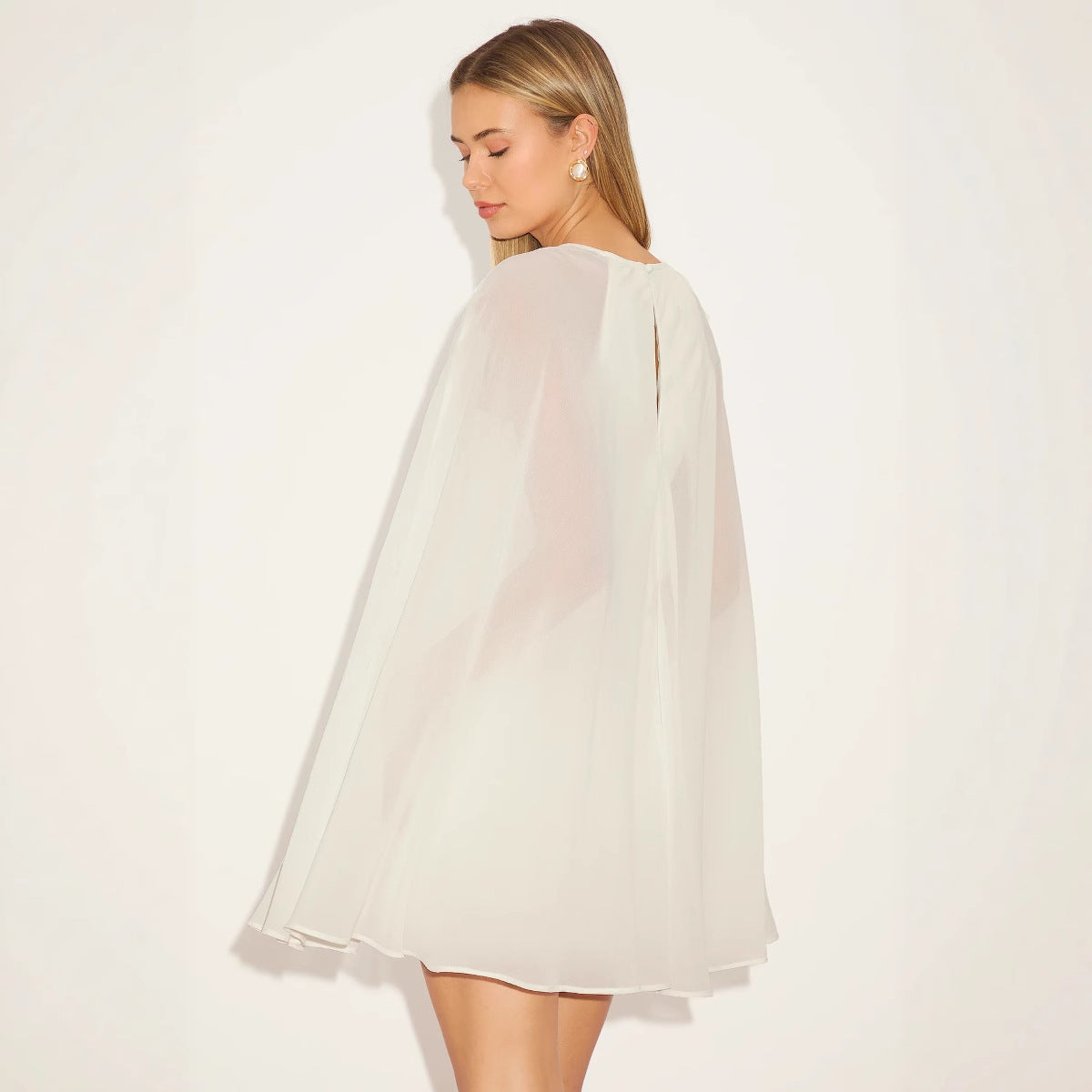 Solid color Mesh Cape Patchwork Round Neck Slim Dress 6