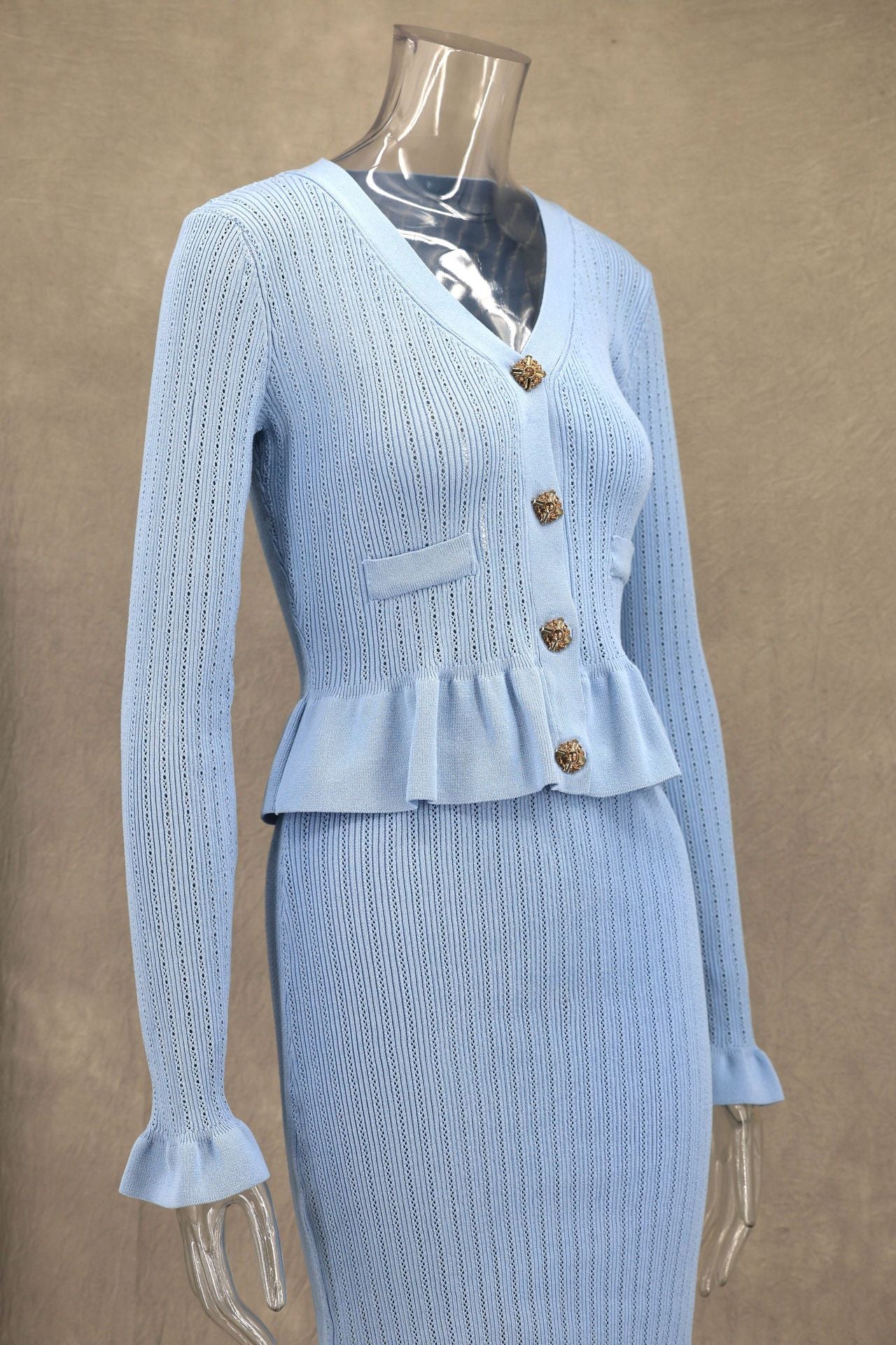 Autumn Winter Elegant Ruffled V-Neck Bodycon Fishtail Skirt Set 22