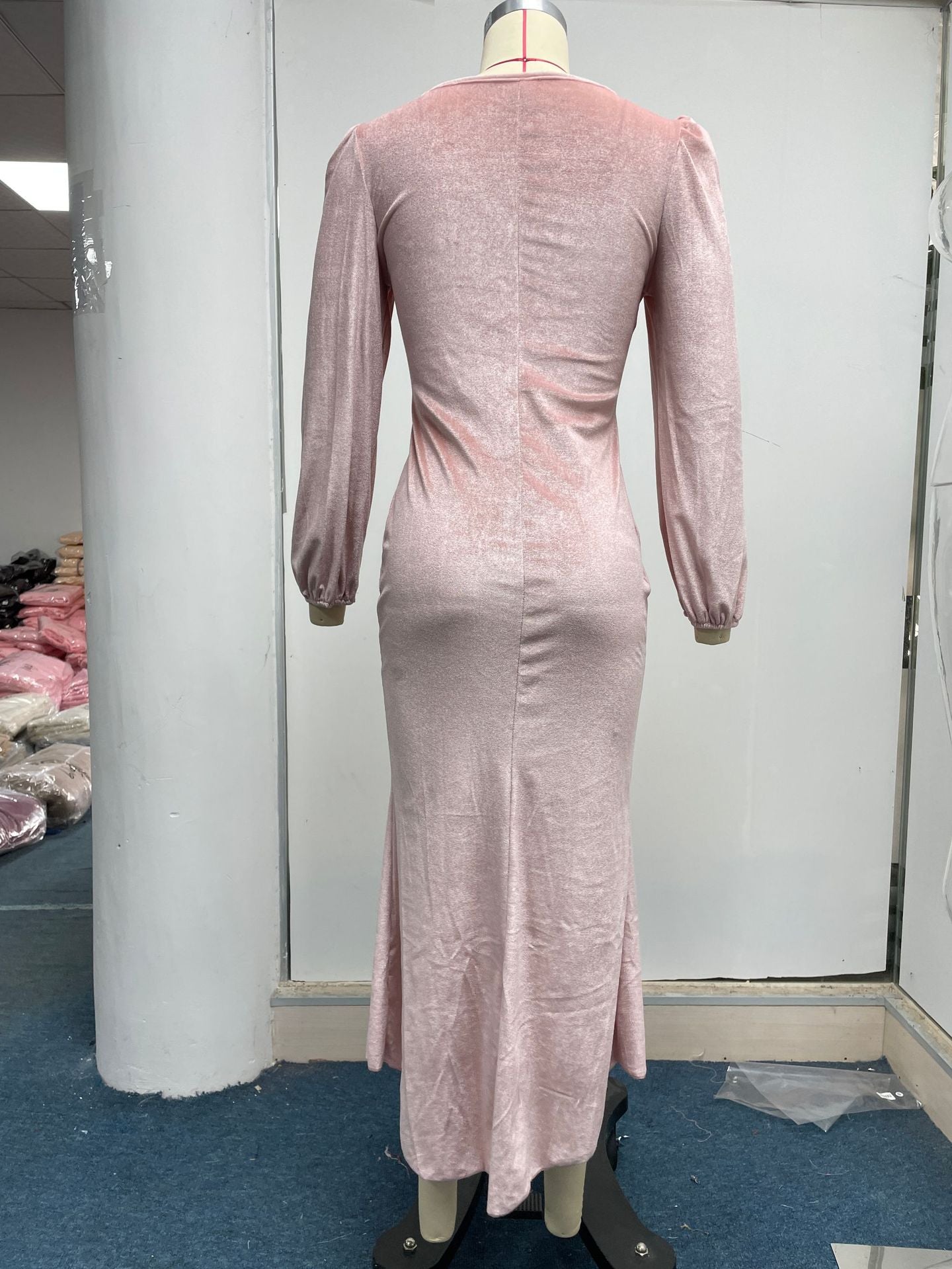 Women Autumn Knittingv Collar Solid Padded Shoulder Long Sleeve Slit Evening Dress 28