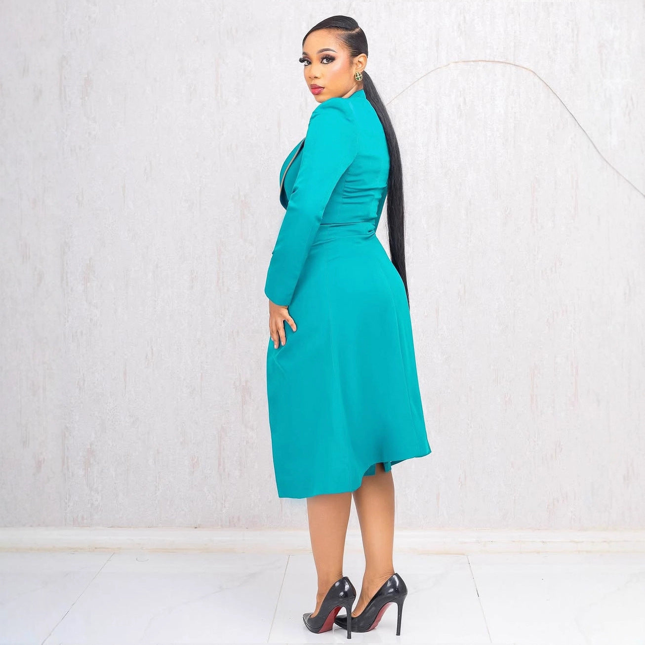 Women Elegant Turndown Collar Stretchy Blazer Dress Two-Piece Set 5