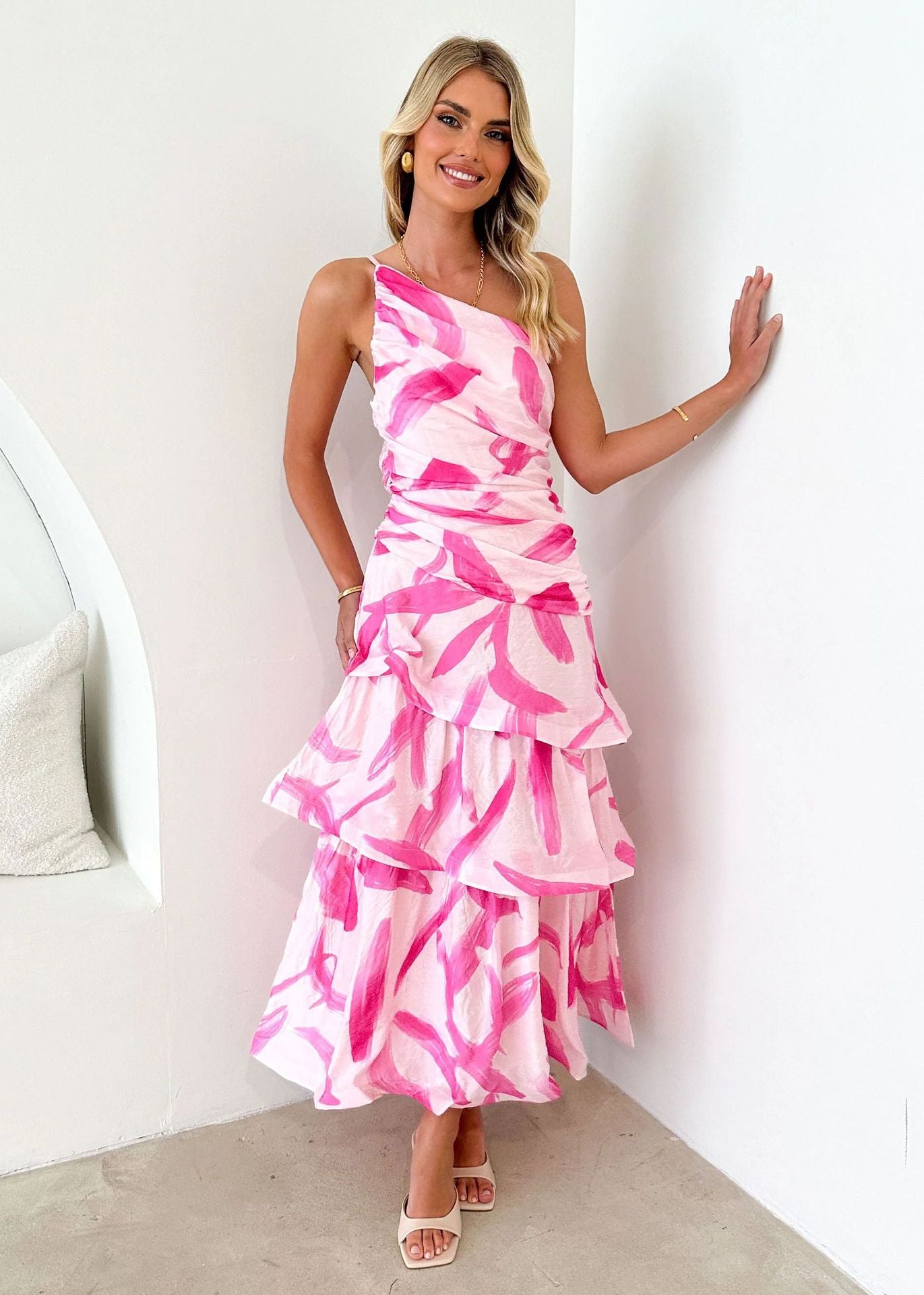 Women Summer One-shoulder strap print dress 28