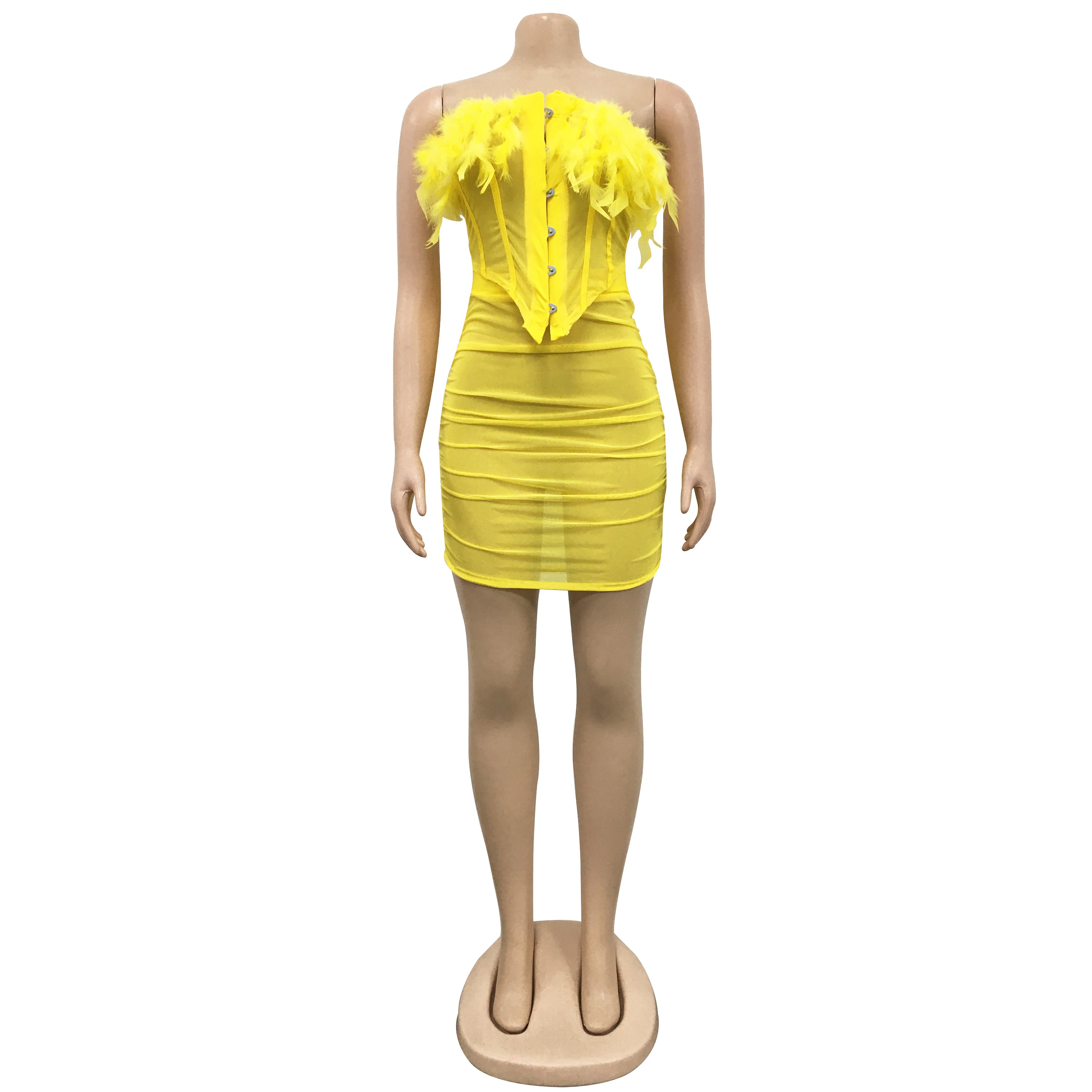 Solid Mesh See-Through Feather Lace-Up Strapless Tank Top Ruffled Midi Skirt Two Piece Set 20