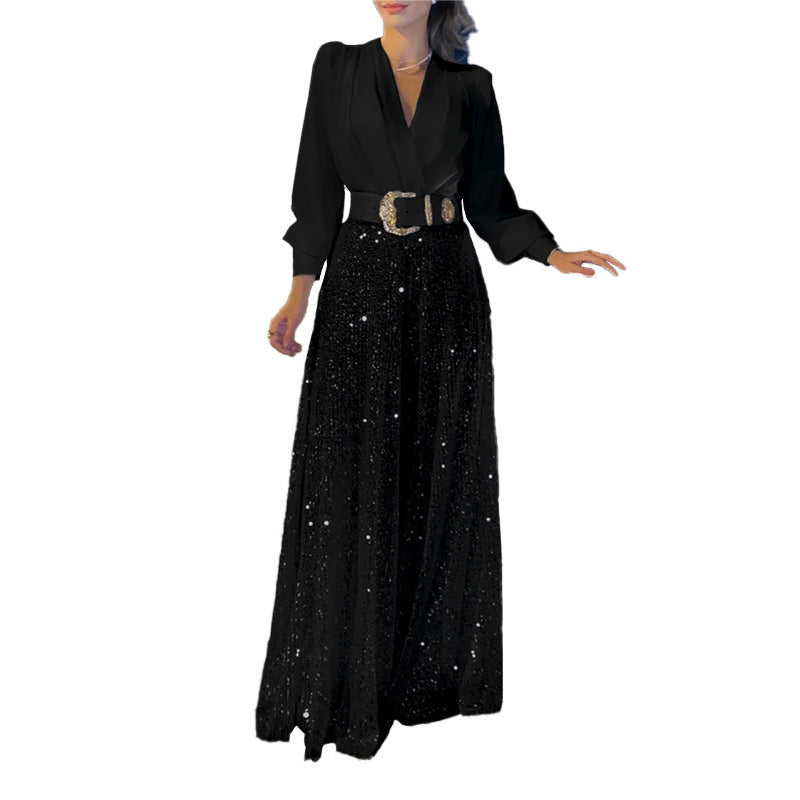 Women V-neck long-sleeved and sequined wide-leg Jumpsuit （with Belt） 9