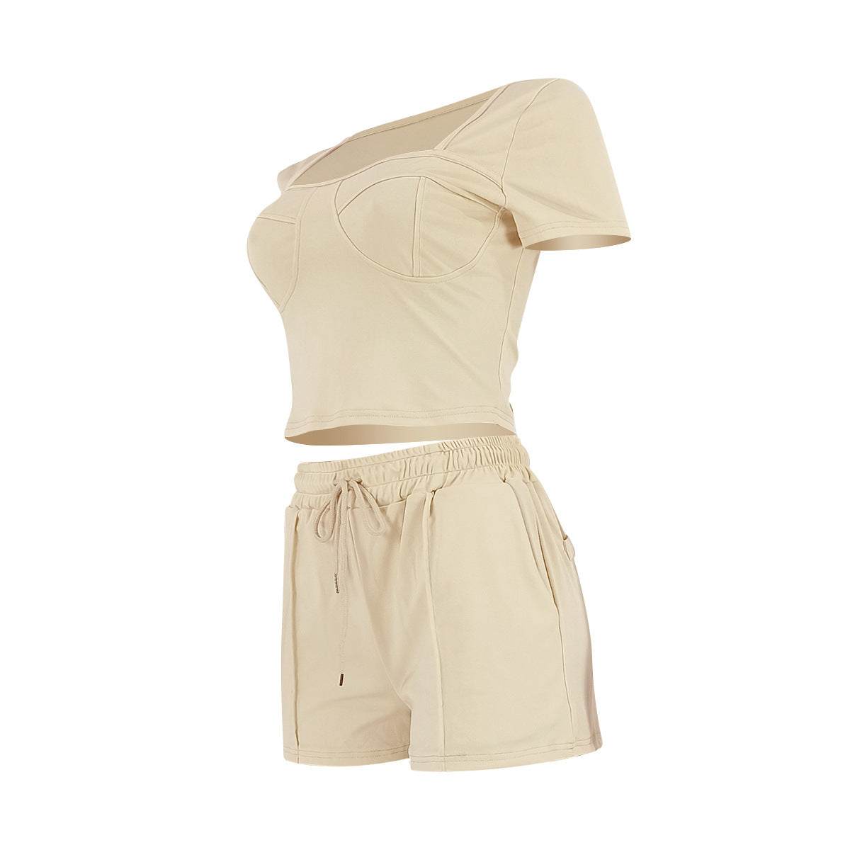 Women's Casual Solid Color Square Neck Short Sleeve Top Drawstring Pocket Shorts Two-Piece Set 6
