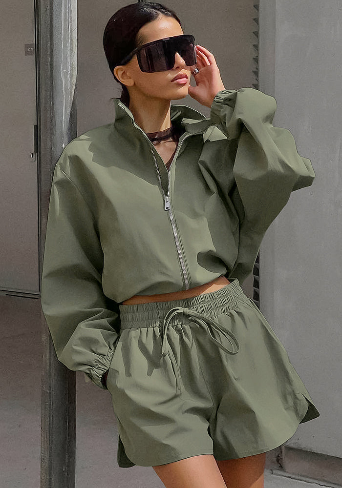 Green Windbreaker Autumn And Winter Loose Stand Collar Long Sleeve Top Split Shorts Casual Two Piece Set