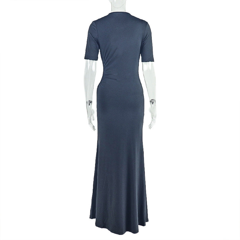 Chic Women's Fashion Cut-Out Slit Irregular Round Neck Solid Color Pleated Dress 17