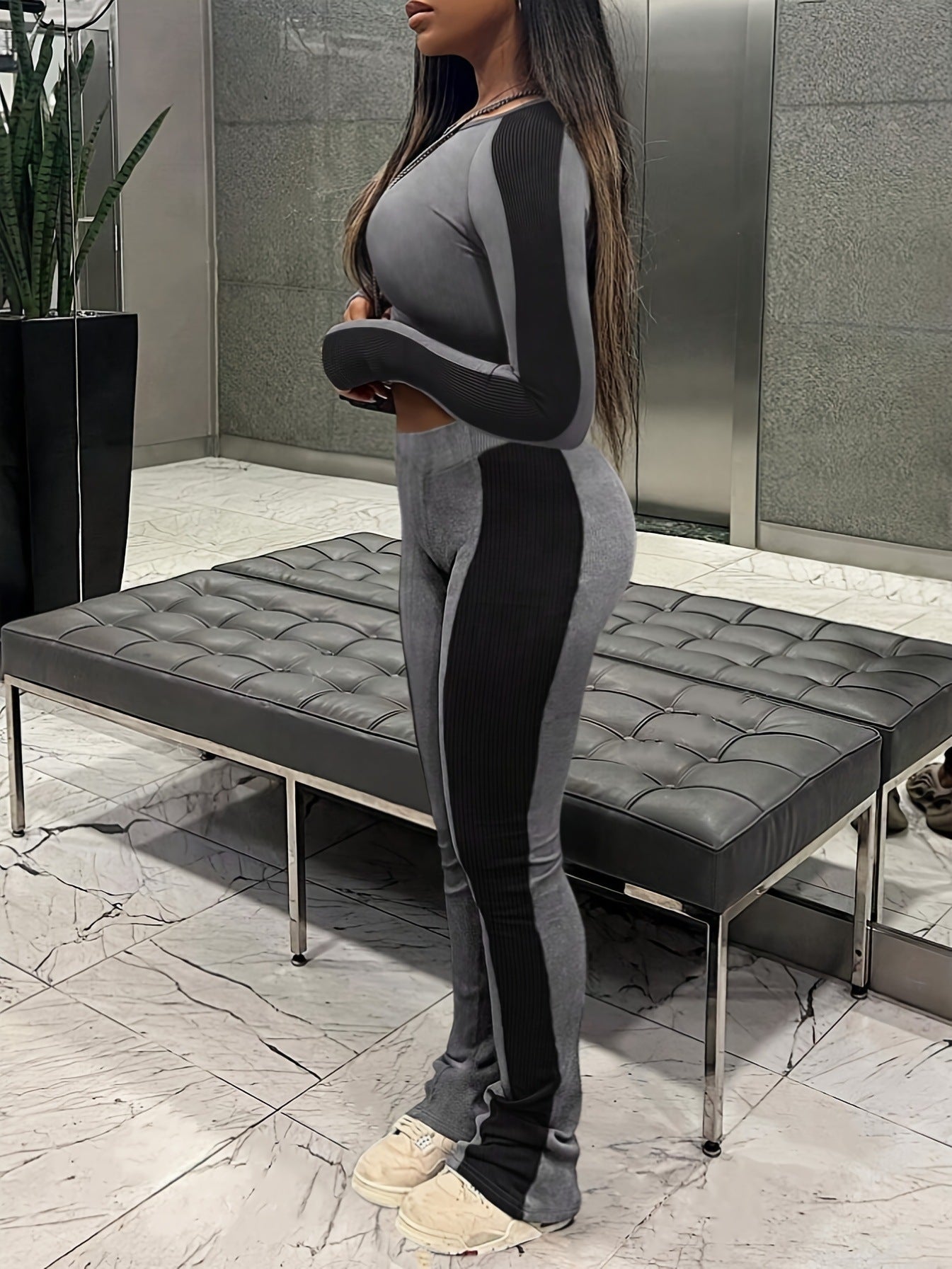 Women Fall and Winter Colorblock Raglan Long-sleeved Top and Pant Casual Two Piece Set 3