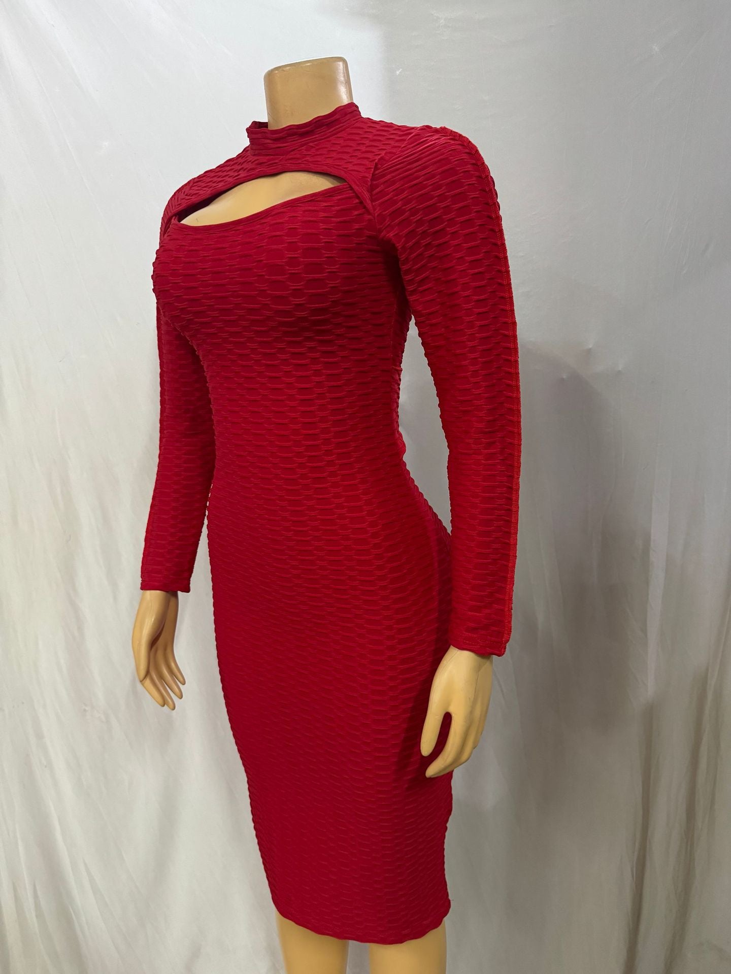 Women Solid Round Neck hollow sexy lace Bodycon long sleeve dress 5