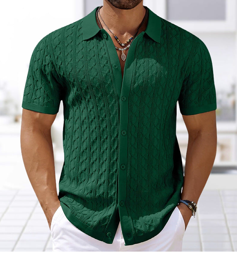 Summer Short Sleeve Men's Fashion Knitting Top Casual Button Polo Shirt