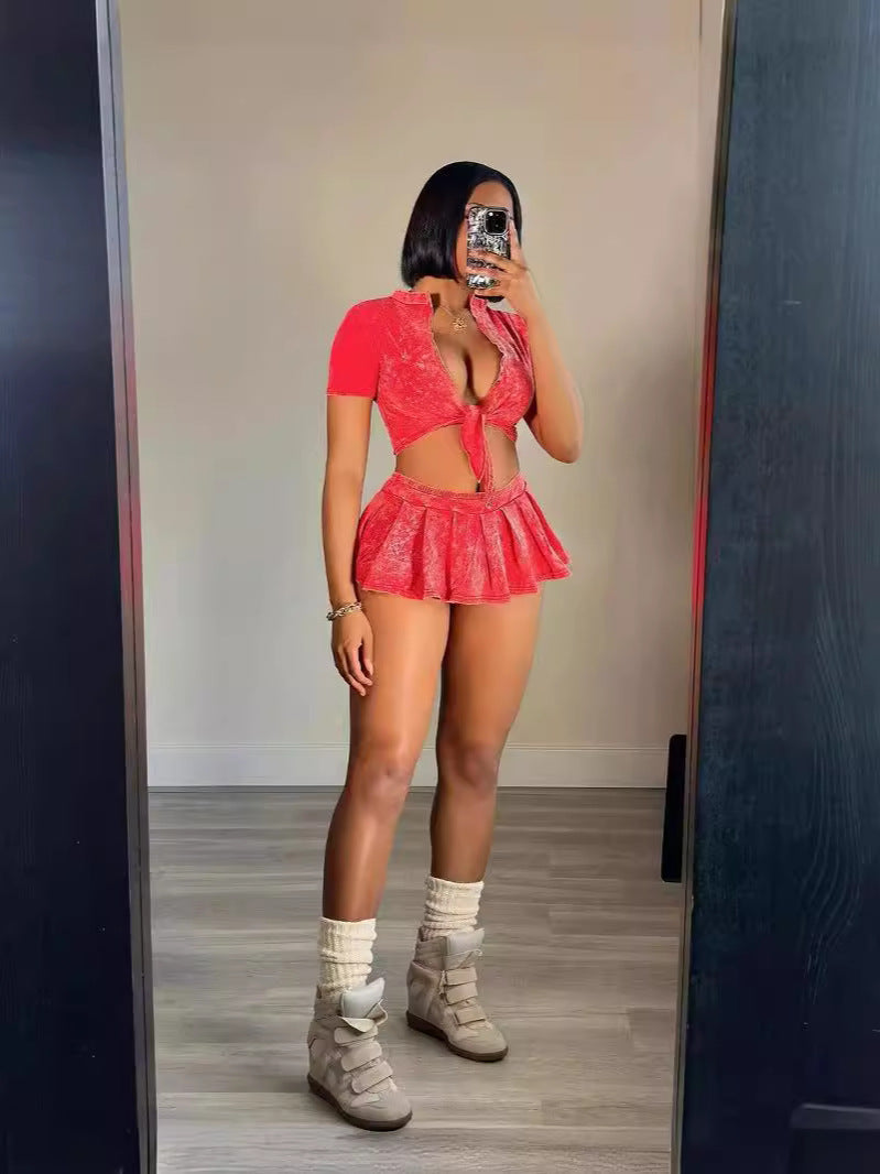 Women Short Sleeve Crop Top and Mini Skirt Two-piece Set (include Underwear ） 6