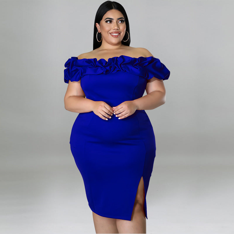 Fashion Plus Size Women's Summer Sexy Off Shoulder Ruffled Slit Bodycon Dress