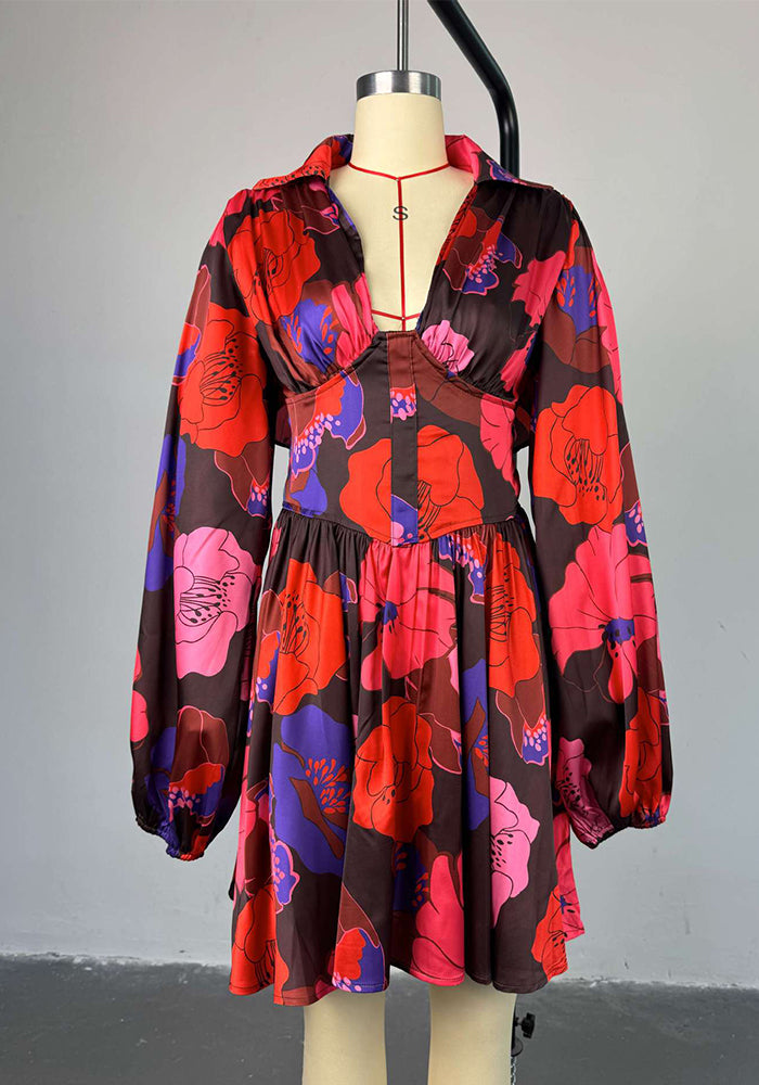 Women spring elegant printed v-neck backless dress