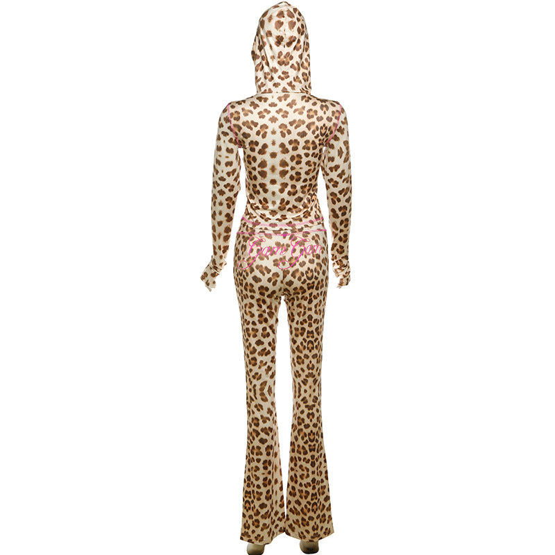 Women leopard print hooded Top and trousers two-piece set 9
