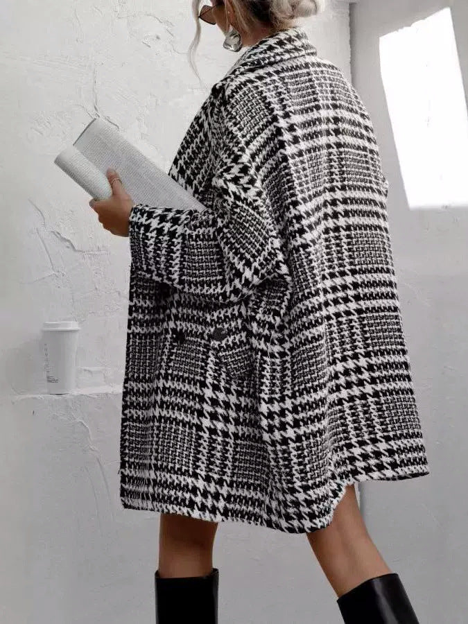 Autumn Winter Houndstooth Woolen Coat 7