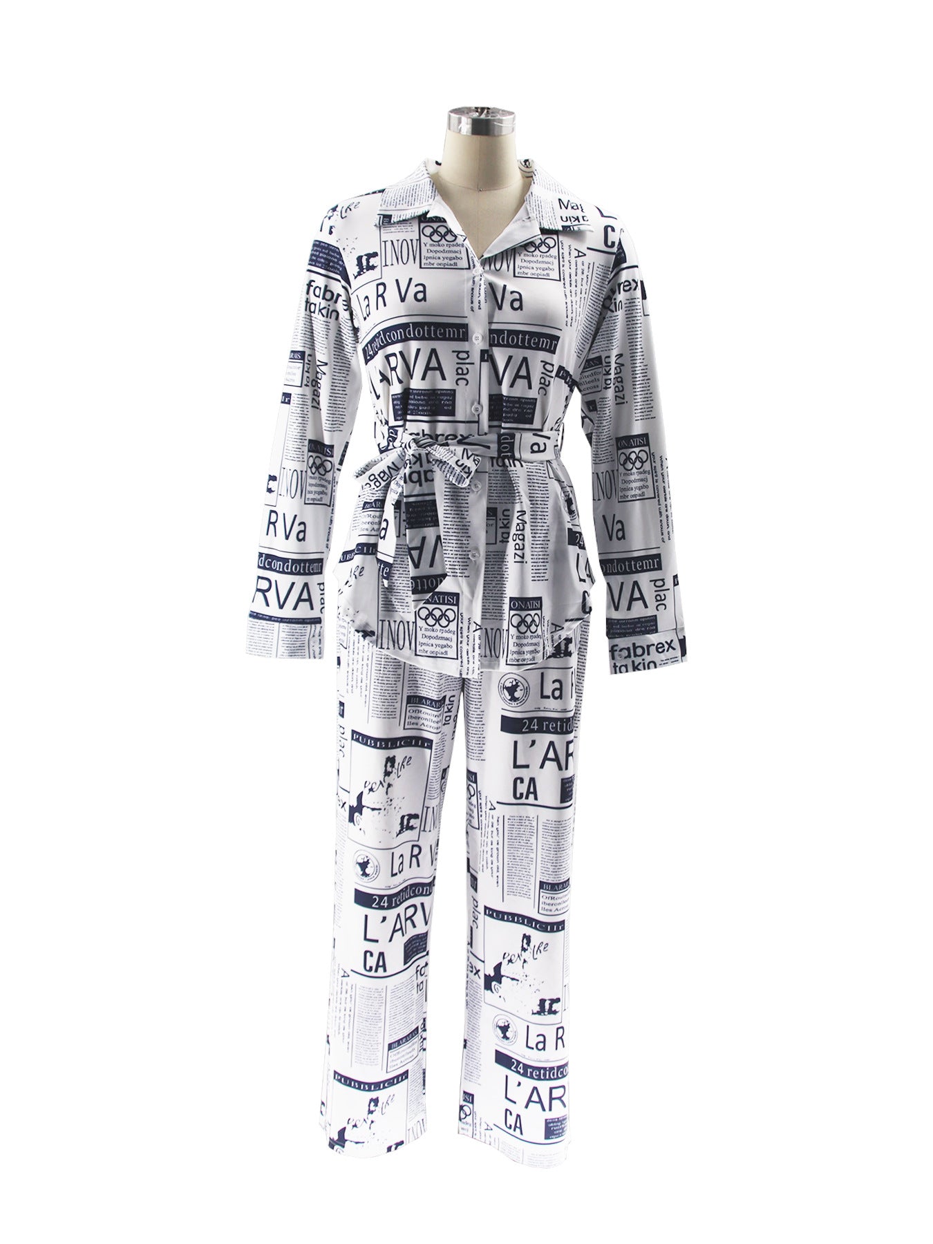 Women Newspaper Print Lace-Up Long Sleeve Top and Pant Two-piece Set 9