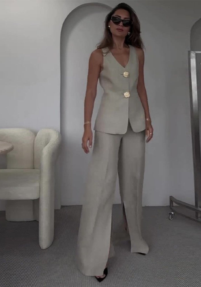 Women Solid V-Neck Sleeveless Vest and wide-leg pants two-piece set