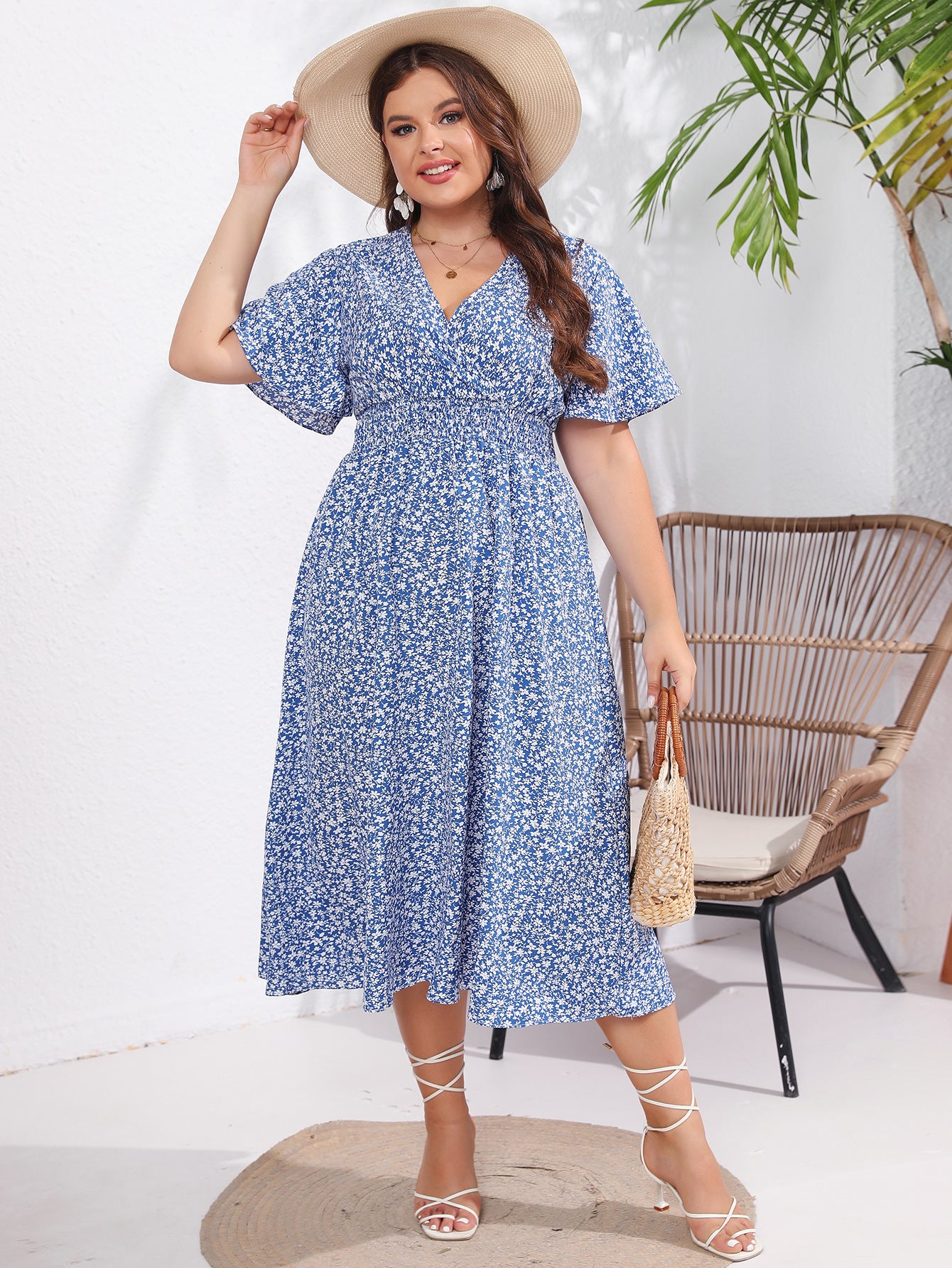 Women's Summer Plus Size Short Sleeve V-Neck Slim Waist Print Dress 8