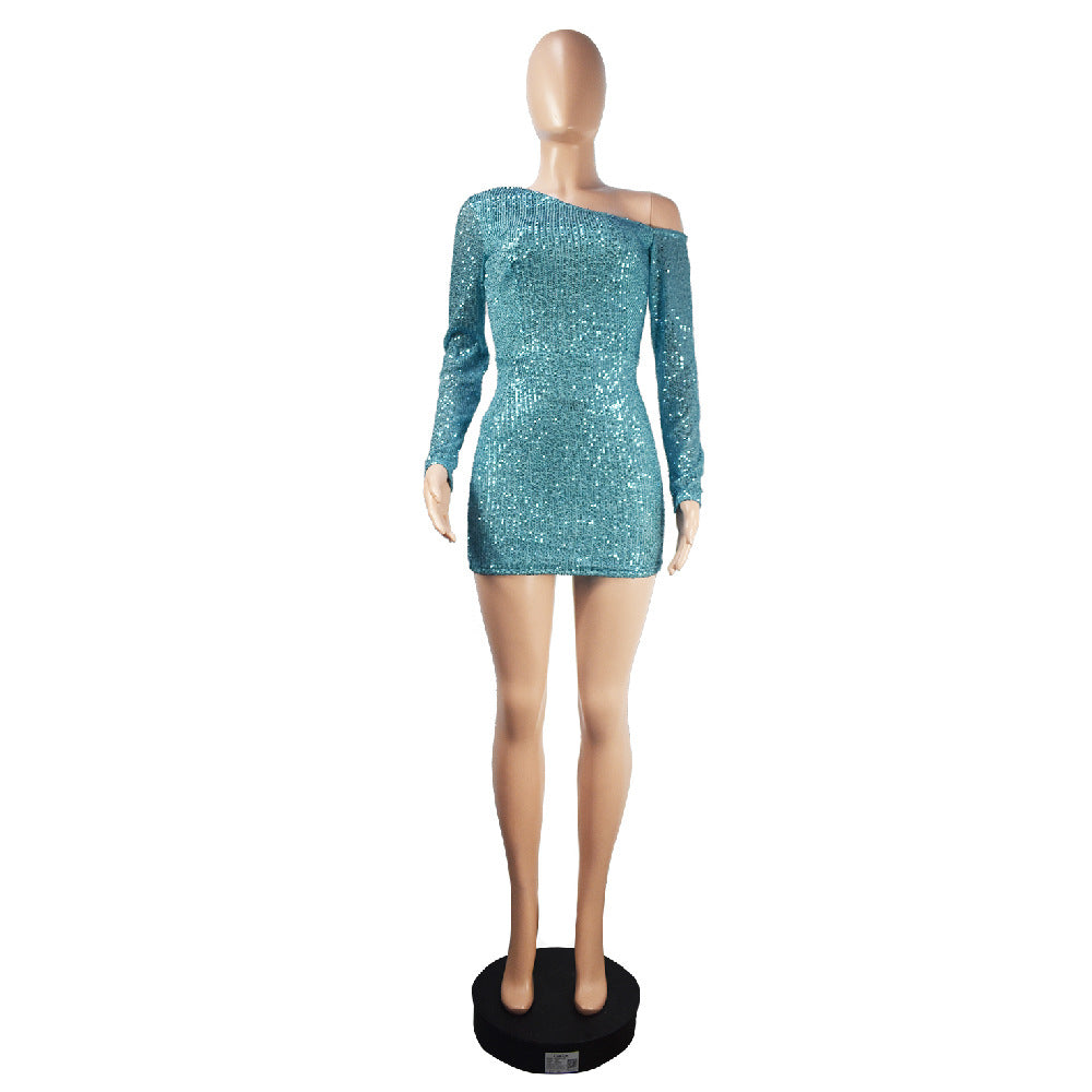 Women Slash Shoulder Off Shoulder Long Sleeve Sequined Bodycon Dress 11