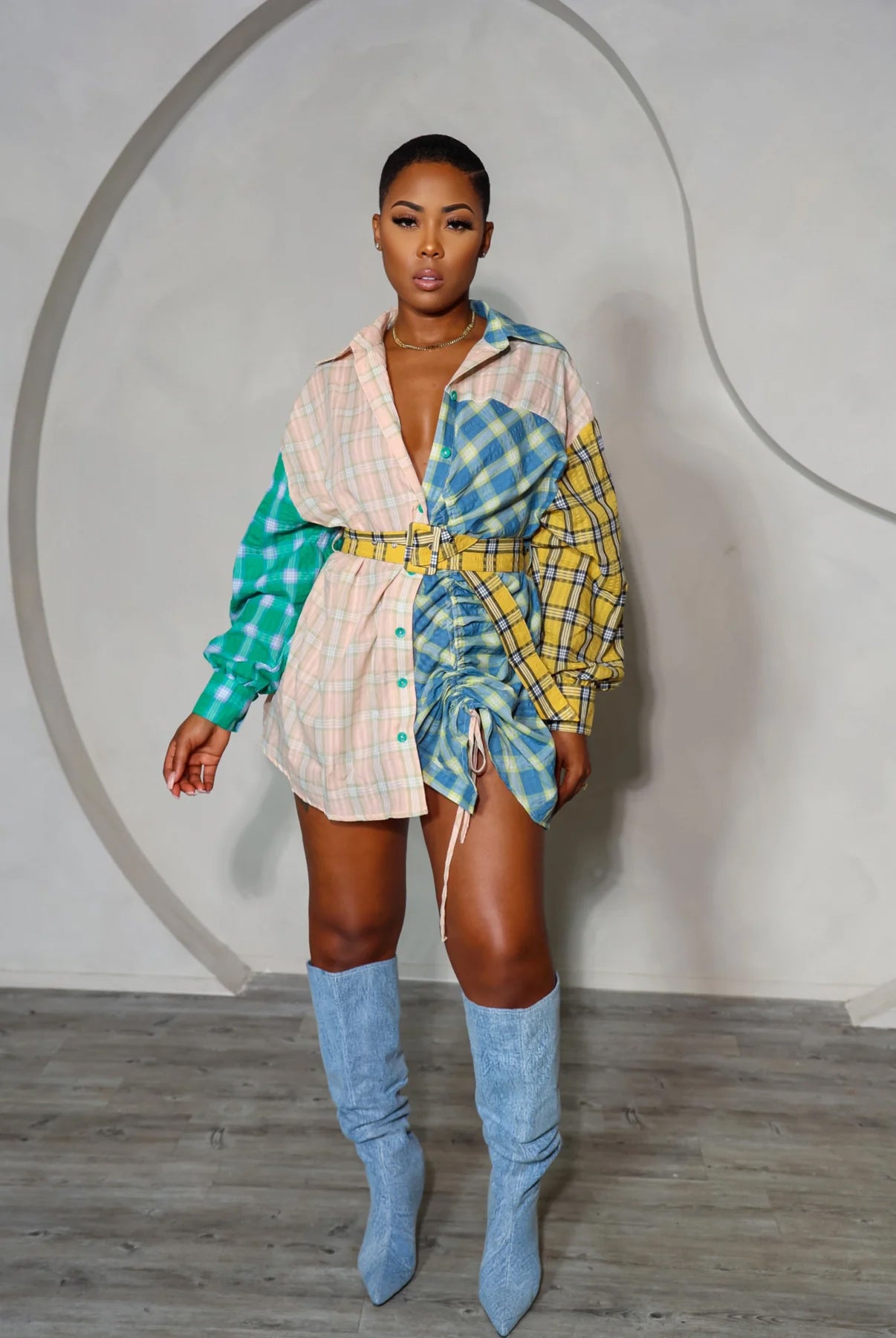 Women Fashion Printed Patchwork Long Sleeve Shirt (Including Belt) 3