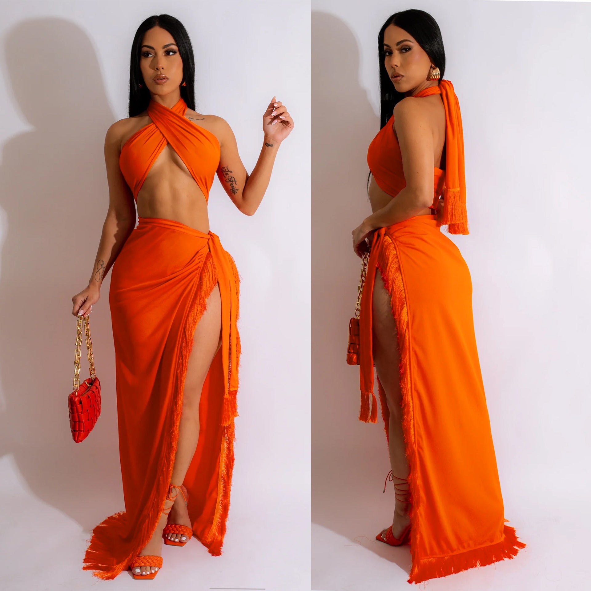 Summer Women's Sexy Wrap Breast Lace-Up Tassel Two Piece Skirt Set 3