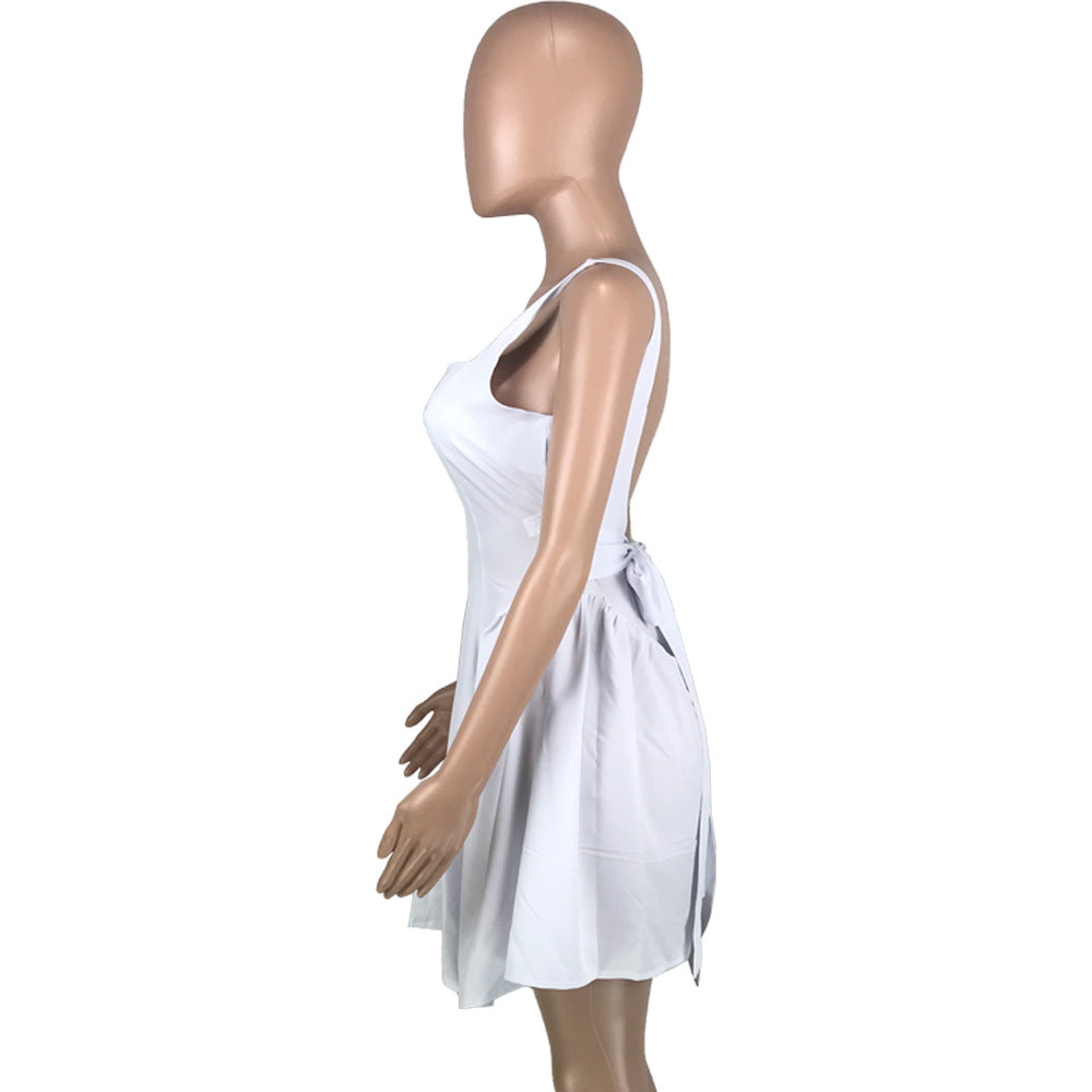 Women's Solid Color Low Back Zip Tie Pleated Casual Fashion Sexy Loose Strap Dress 14