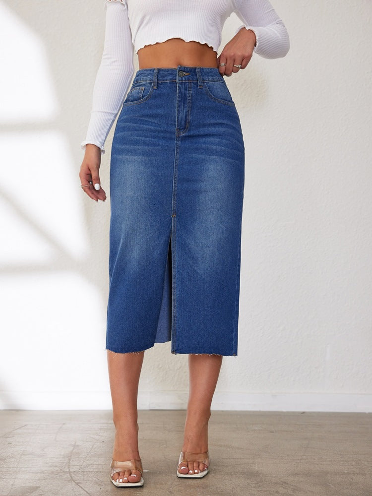 Retro Women's Midi Slit Denim Skirt