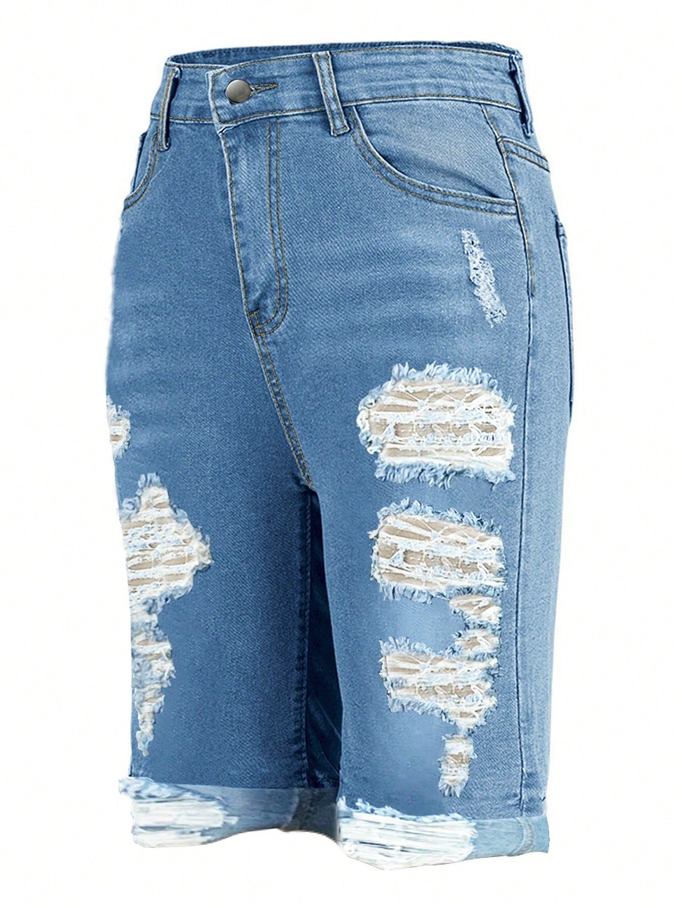 Women's Ripped Denim Knee-Length Shorts 3