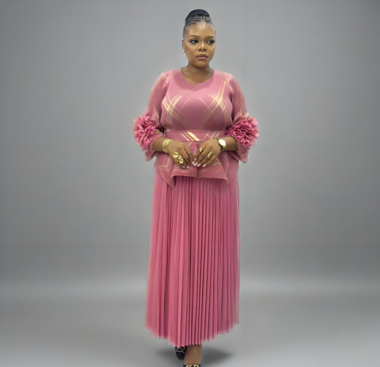 Plus Size Women Pleated Hand-Shaped Flower Irregular Shiny Print Maxi Dress 5