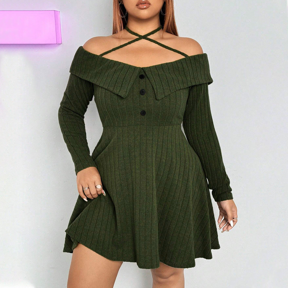 Autumn And Winter Plus Size Women's Sexy Trendy Halter Neck Off-Shoulder Short Dress 7