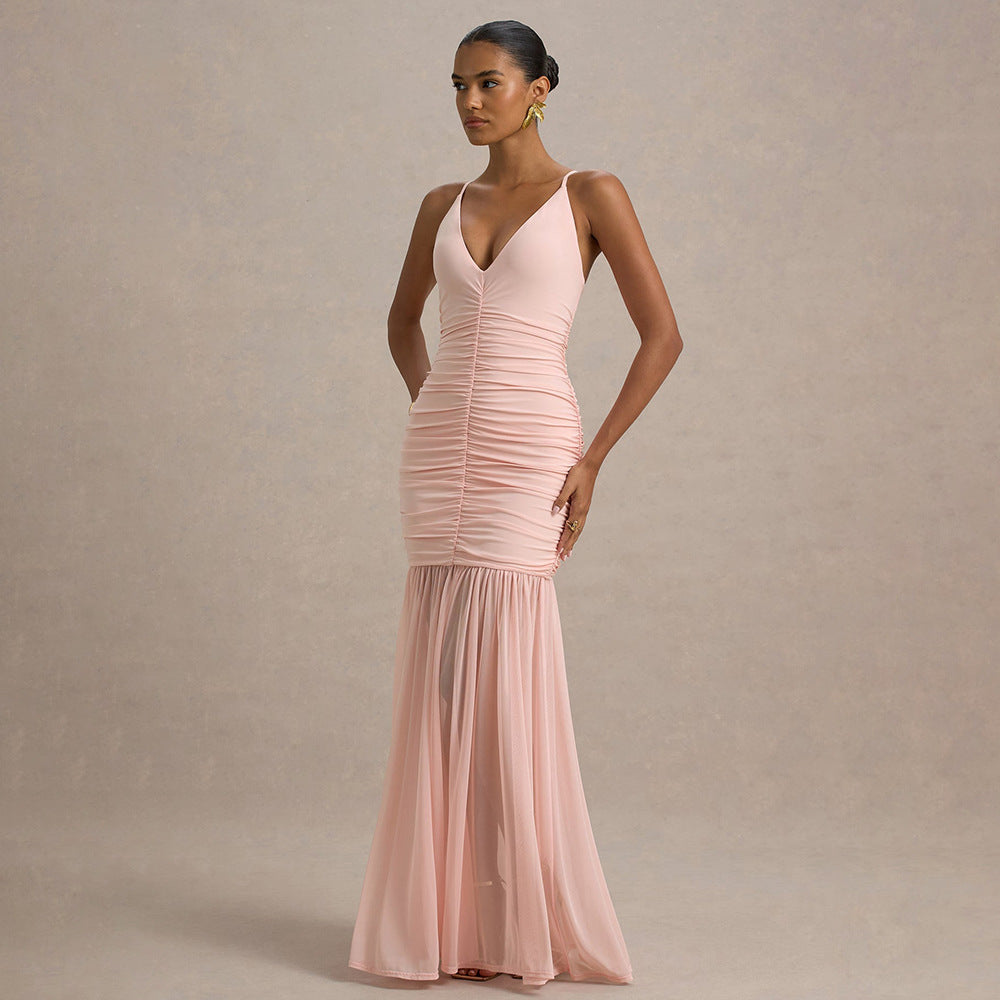 Women Sexy and Elegant Ruffled See-Through Solid Backless V-Neck Strap Dress 3