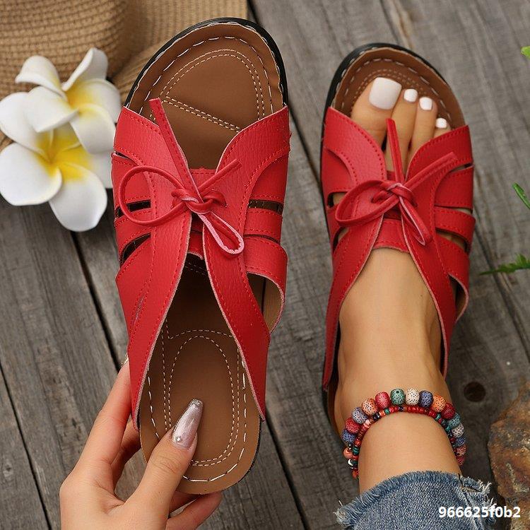 Women Summer Wedge Peep-Toe Slippers Solid Bow Roman Sandals 4