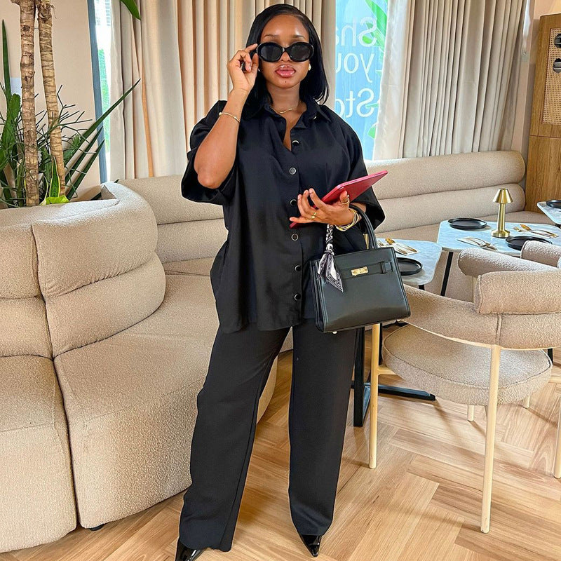 Fashion Spring Summer Casual Shirt Wide Leg Trousers Women Two-Piece Set 6