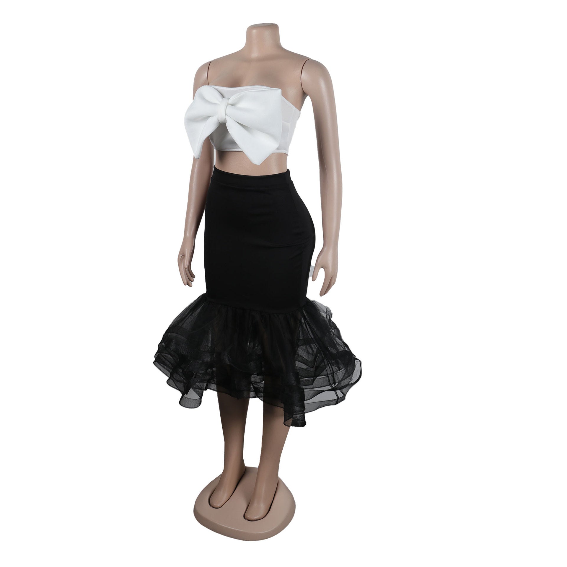 Sexy Slim Contrast Color Strapless Bow Mesh Top Mermaid Party Skirt two piece set 11