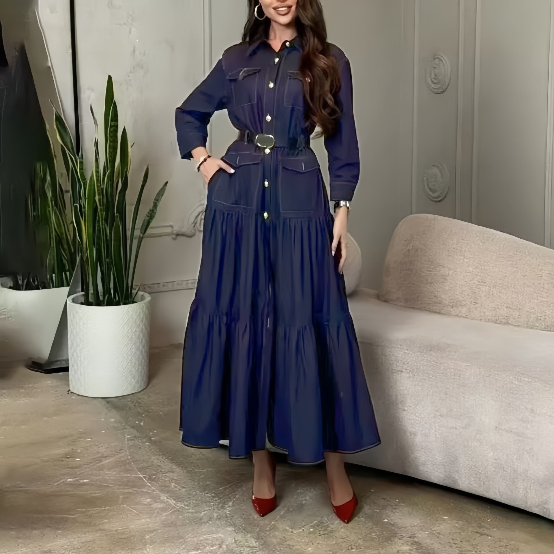 Women's Turndown Collar Metal Button High-Waist Denim Skirt 8