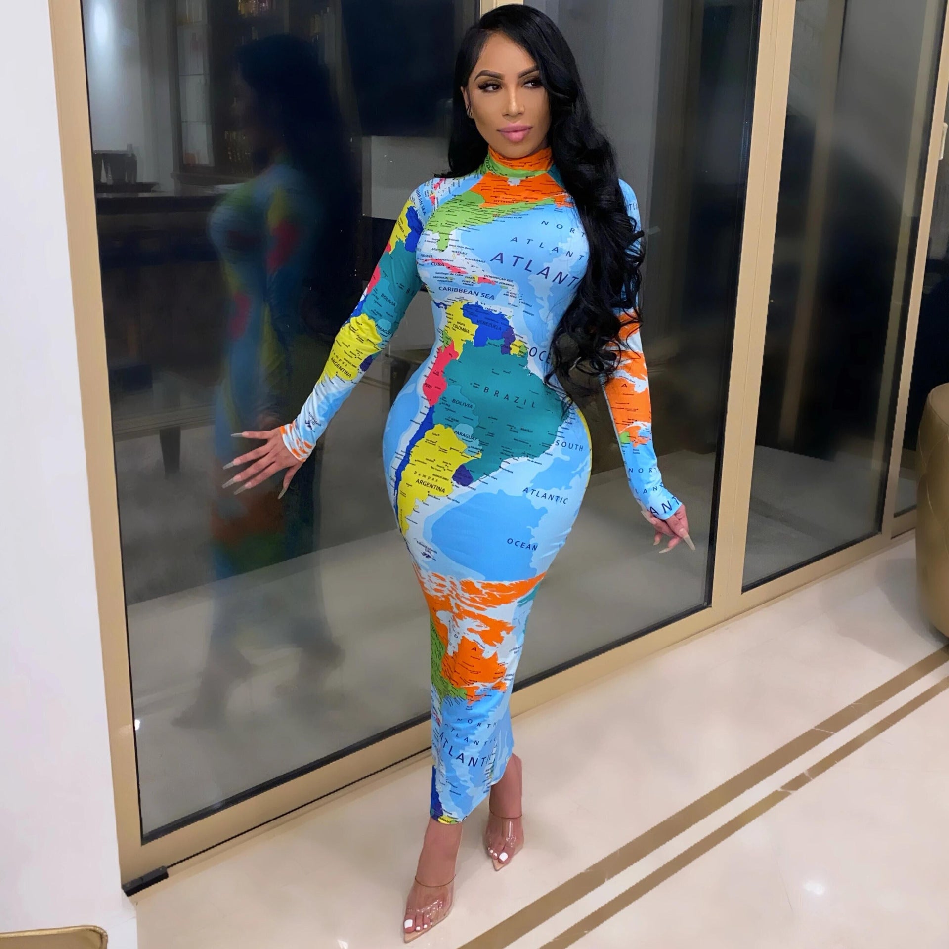 High Neck Long Sleeve Printed Long Dress Fashionable Women's Dress 6