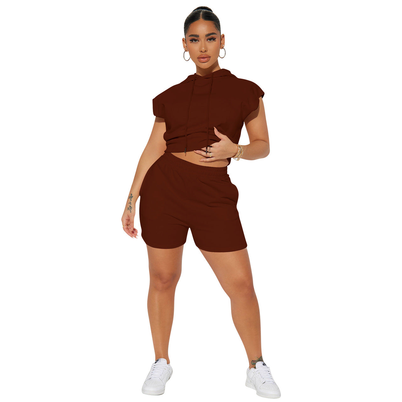 Women's Fashion Casual Sport Hooded Short Sleeve Two-Piece Shorts Set Women's Clothing 6