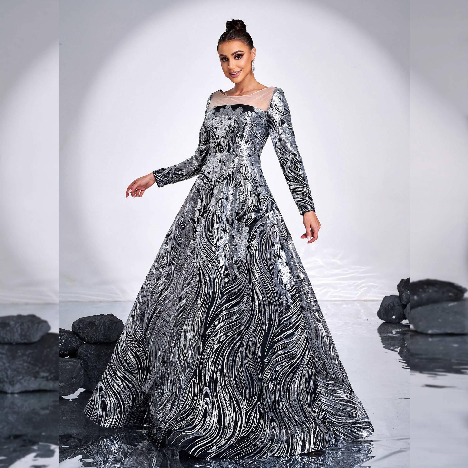 Luxury Long Sleeve Round Neck Formal Party A-Line Sequin Evening Dress Women Bridesmaid Gown 5