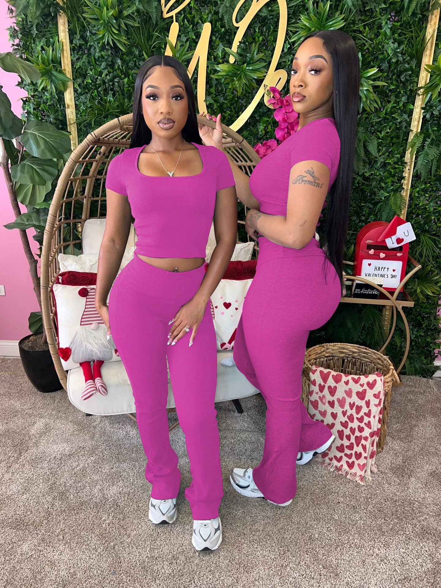 Women Summer Ribbed U-neck Short Sleeve Top and Pant Two-piece Set 4